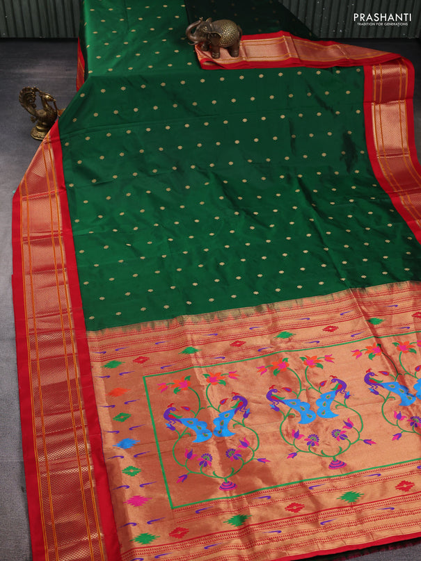 Pure paithani silk saree green and red with allover zari woven buttas and paithani weaving pallu