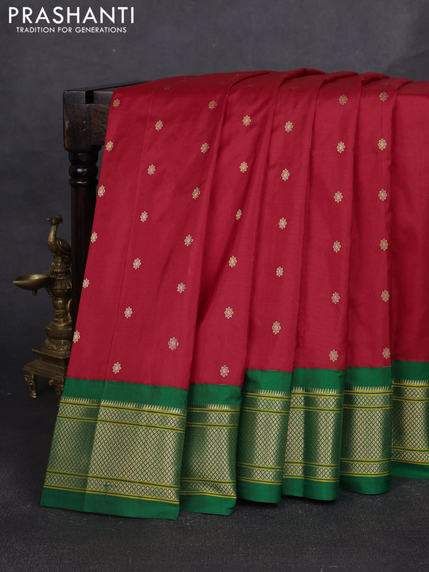 Pure paithani silk saree red and green with allover zari woven buttas and paithani weaving pallu