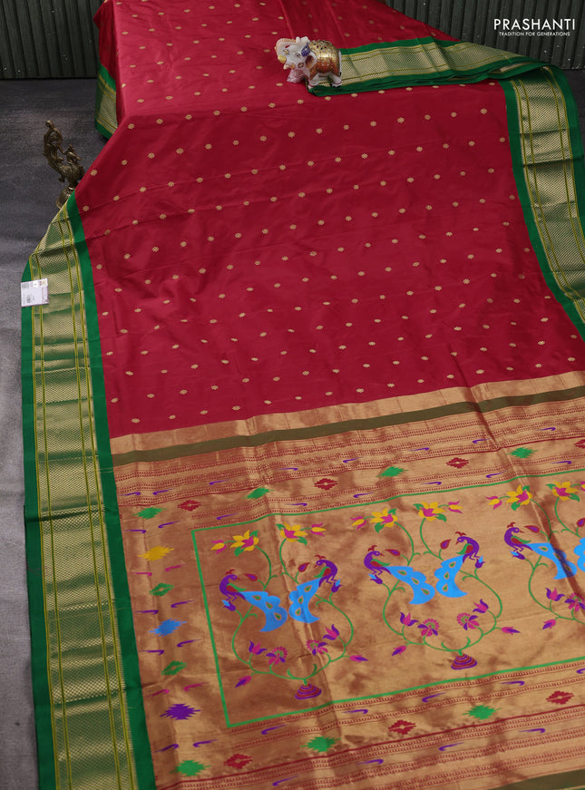Pure paithani silk saree red and green with allover zari woven buttas and paithani weaving pallu