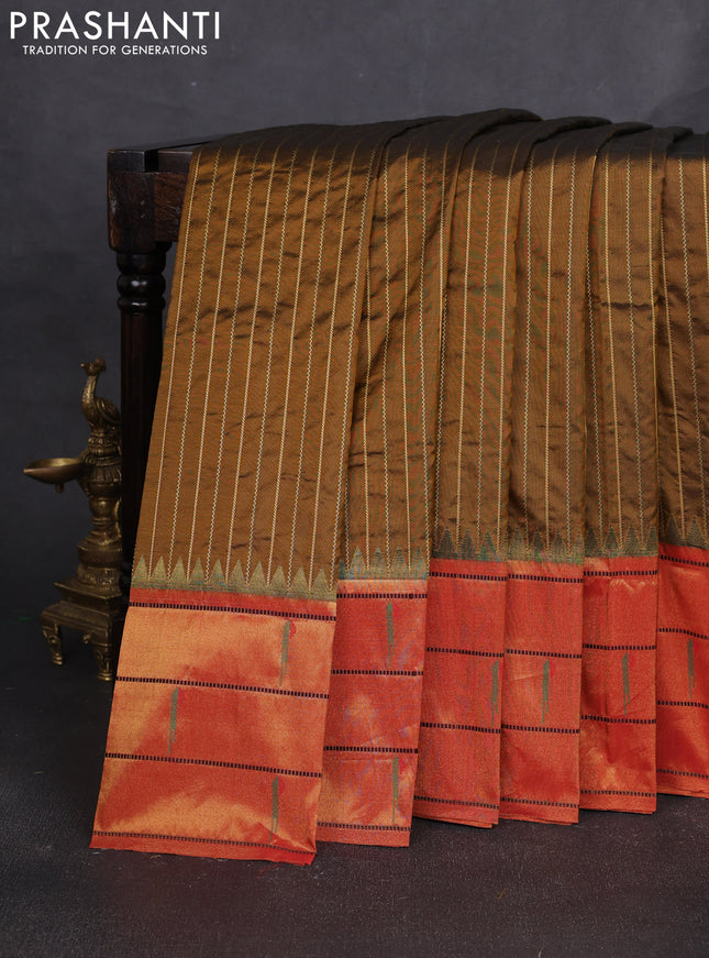 Pure paithani silk saree olive green and red with allover zari weaves and zari woven muniya butta border