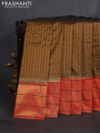 Pure paithani silk saree olive green and red with allover zari weaves and zari woven muniya butta border