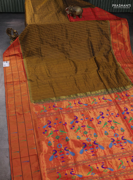 Pure paithani silk saree olive green and red with allover zari weaves and zari woven muniya butta border