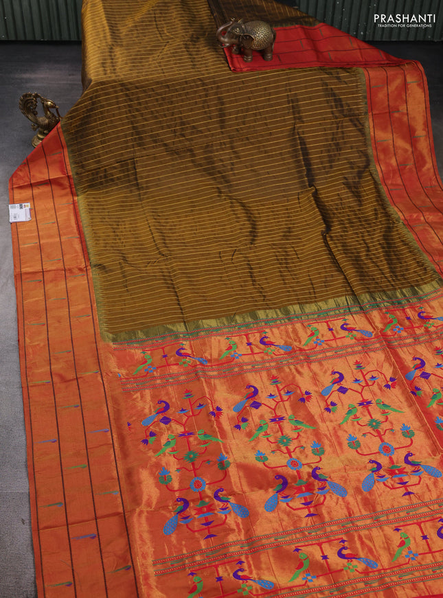 Pure paithani silk saree olive green and red with allover zari weaves and zari woven muniya butta border
