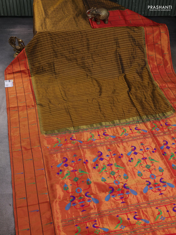 Pure paithani silk saree olive green and red with allover zari weaves and zari woven muniya butta border