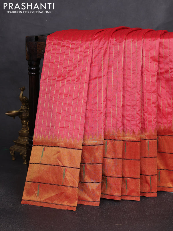 Pure paithani silk saree red shade and red with allover zari weaves and zari woven muniya butta border