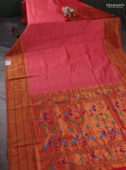 Pure paithani silk saree red shade and red with allover zari weaves and zari woven muniya butta border