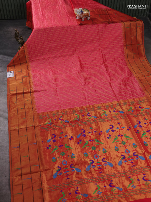 Pure paithani silk saree red shade and red with allover zari weaves and zari woven muniya butta border
