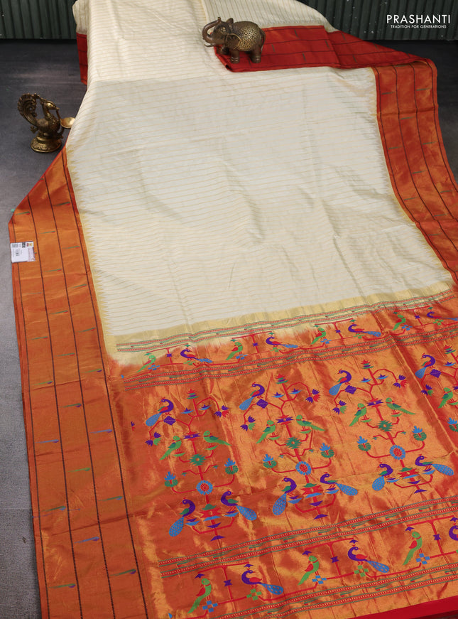 Pure paithani silk saree cream and red with allover zari weaves and zari woven muniya butta border