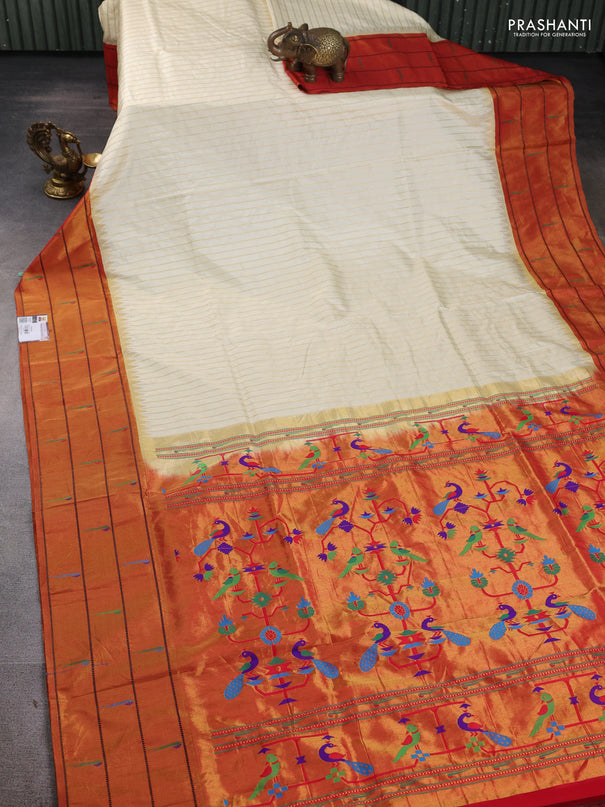 Pure paithani silk saree cream and red with allover zari weaves and zari woven muniya butta border