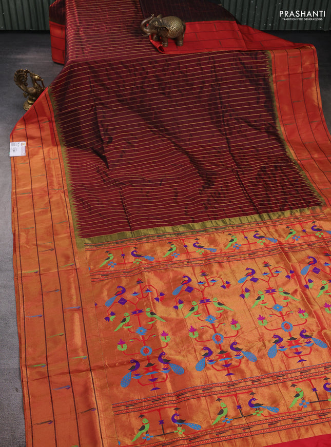 Pure paithani silk saree maroon and red with allover zari weaves and zari woven muniya butta border