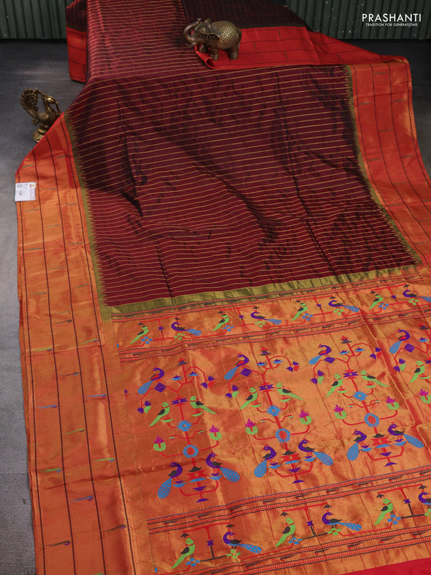 Pure paithani silk saree maroon and red with allover zari weaves and zari woven muniya butta border