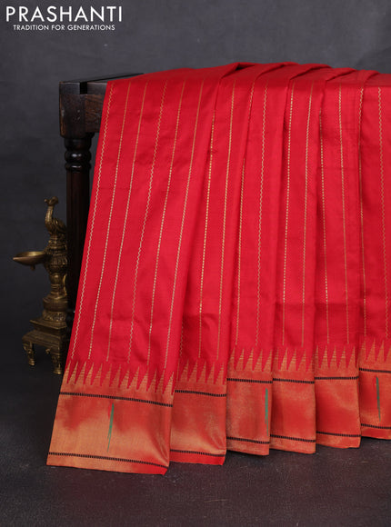 Pure paithani silk saree red with allover zari weaves and temple zari woven muniya butta border