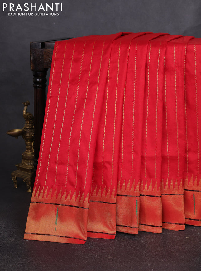 Pure paithani silk saree red with allover zari weaves and temple zari woven muniya butta border