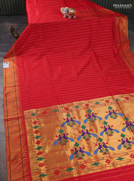 Pure paithani silk saree red with allover zari weaves and temple zari woven muniya butta border