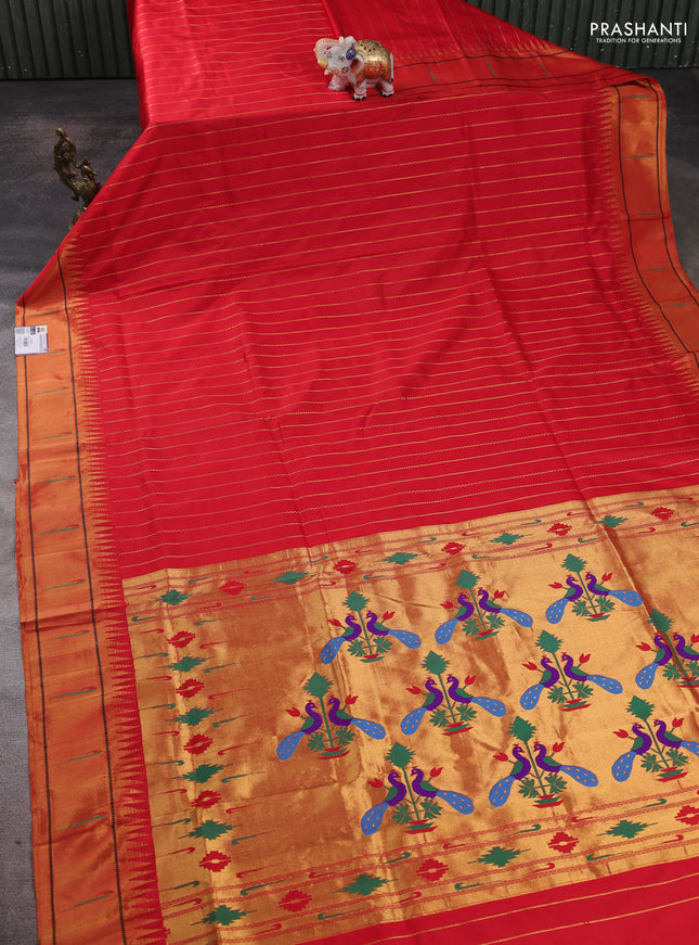 Pure paithani silk saree red with allover zari weaves and temple zari woven muniya butta border