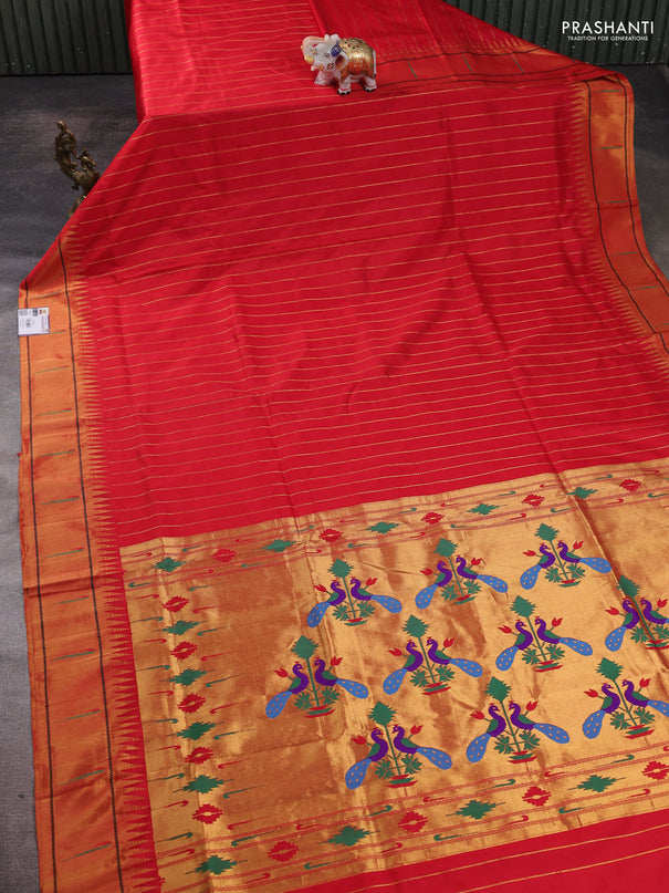 Pure paithani silk saree red with allover zari weaves and temple zari woven muniya butta border