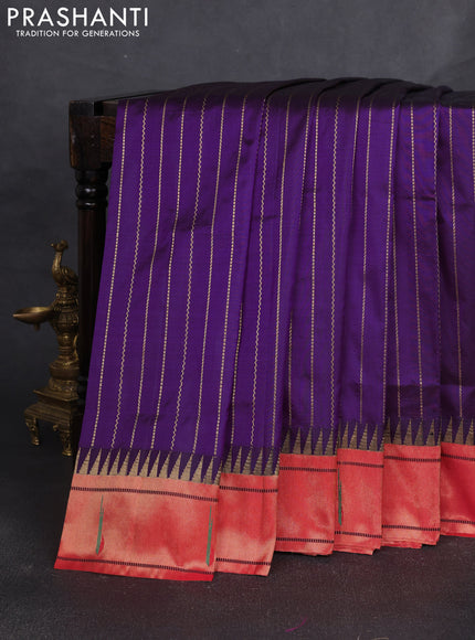 Pure paithani silk saree purple and red with allover zari weaves and temple zari woven muniya butta border