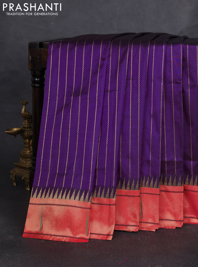 Pure paithani silk saree purple and red with allover zari weaves and temple zari woven muniya butta border