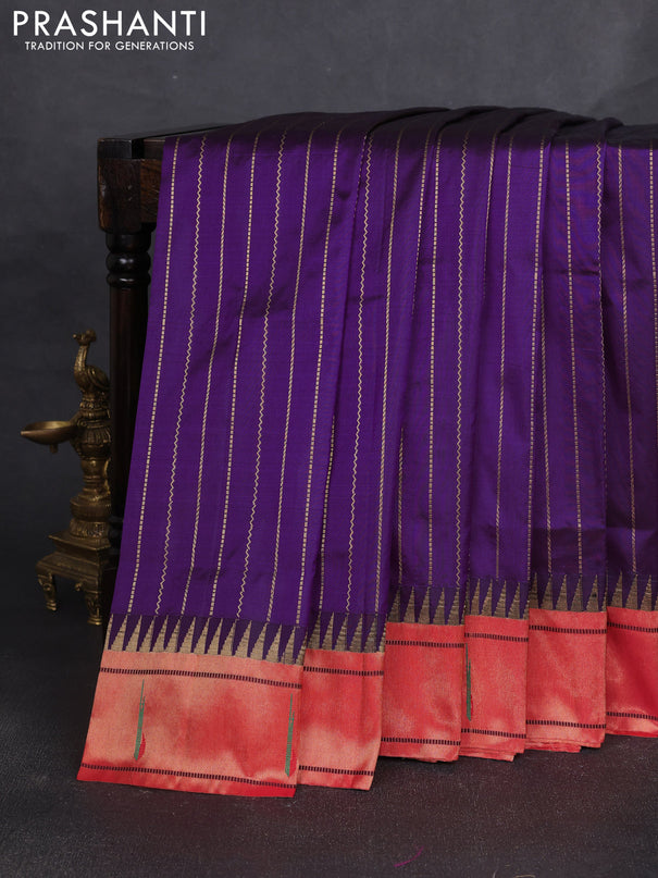 Pure paithani silk saree purple and red with allover zari weaves and temple zari woven muniya butta border