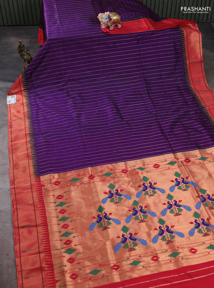 Pure paithani silk saree purple and red with allover zari weaves and temple zari woven muniya butta border