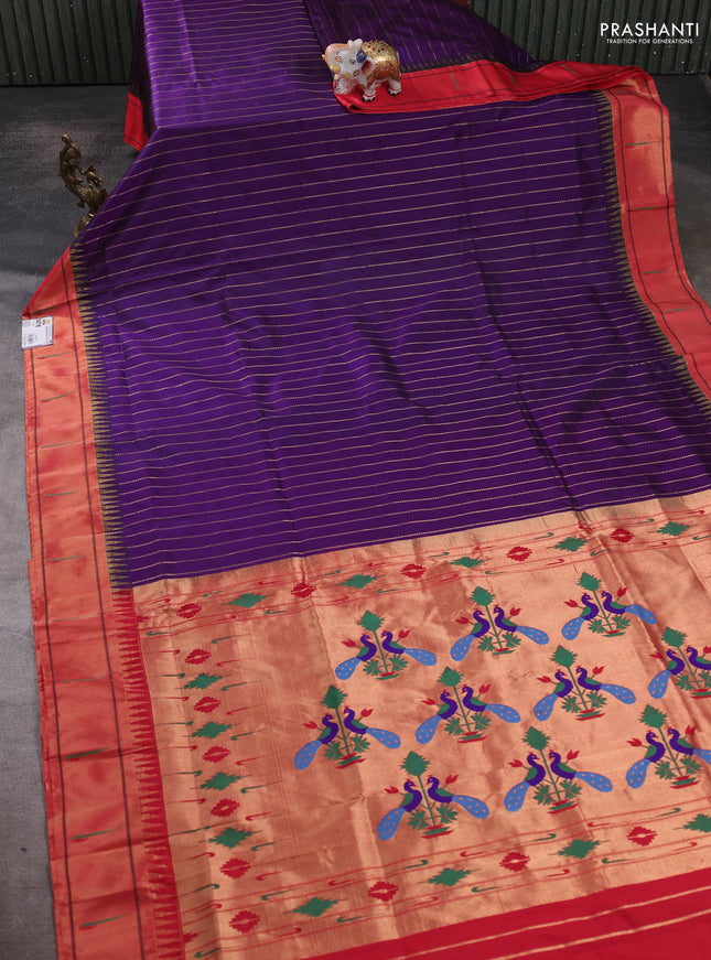 Pure paithani silk saree purple and red with allover zari weaves and temple zari woven muniya butta border