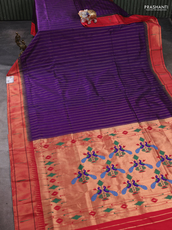 Pure paithani silk saree purple and red with allover zari weaves and temple zari woven muniya butta border