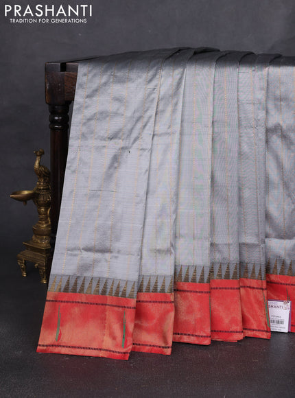 Pure paithani silk saree grey and red with allover zari weaves and temple zari woven muniya butta border