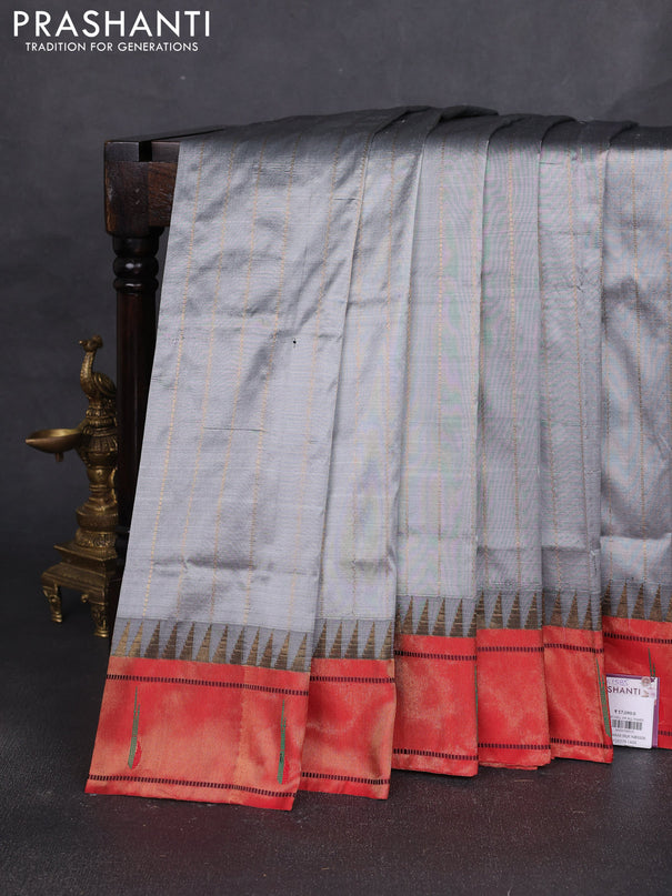 Pure paithani silk saree grey and red with allover zari weaves and temple zari woven muniya butta border