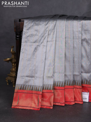Pure paithani silk saree grey and red with allover zari weaves and temple zari woven muniya butta border
