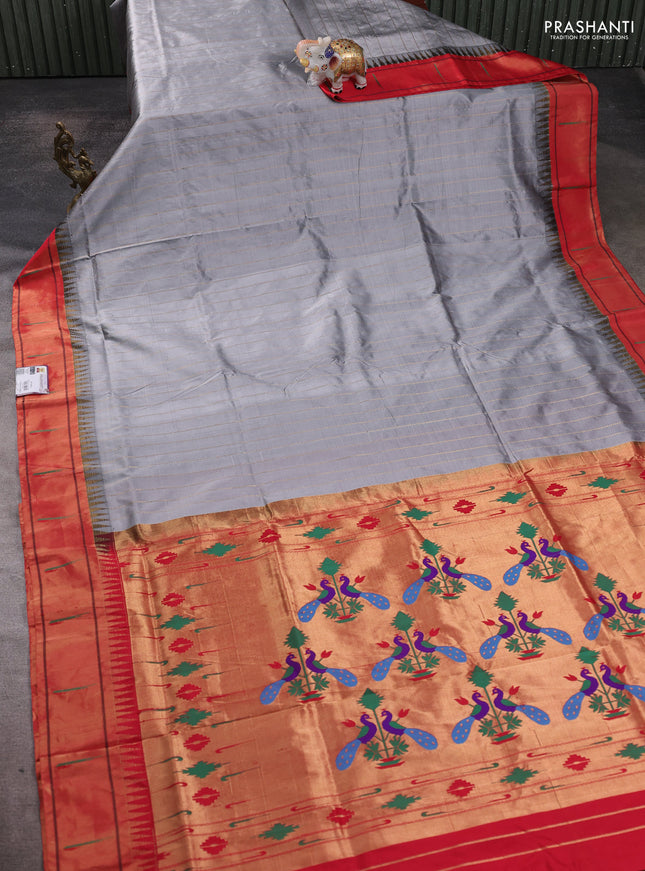 Pure paithani silk saree grey and red with allover zari weaves and temple zari woven muniya butta border