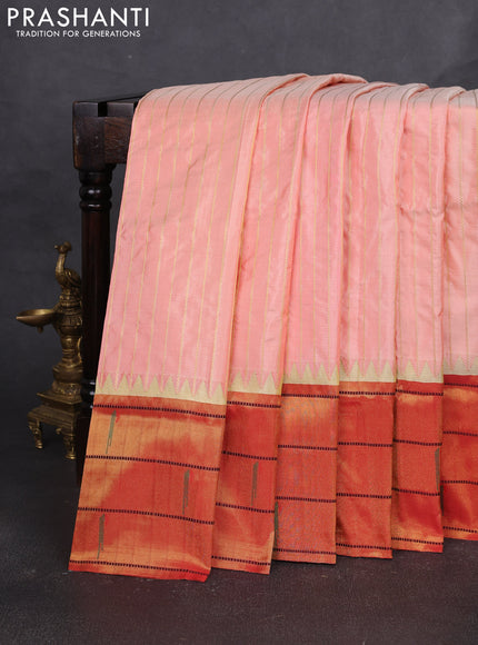 Pure paithani silk saree peach orange and red with allover zari weaves and temple zari woven muniya butta border