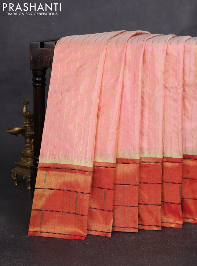 Pure paithani silk saree peach orange and red with allover zari weaves and temple zari woven muniya butta border