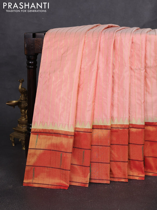 Pure paithani silk saree peach orange and red with allover zari weaves and temple zari woven muniya butta border