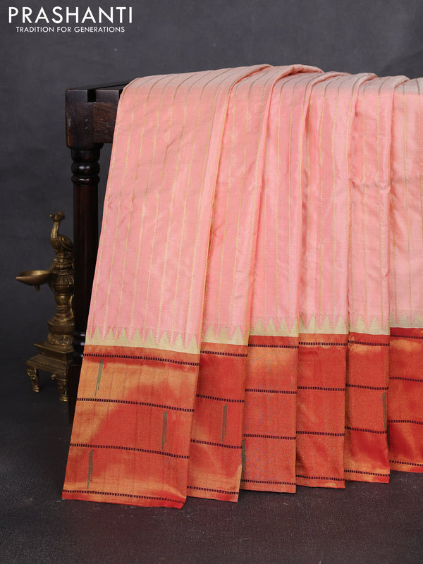 Pure paithani silk saree peach orange and red with allover zari weaves and temple zari woven muniya butta border