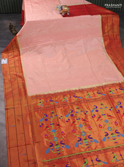 Pure paithani silk saree peach orange and red with allover zari weaves and temple zari woven muniya butta border