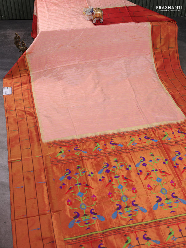 Pure paithani silk saree peach orange and red with allover zari weaves and temple zari woven muniya butta border