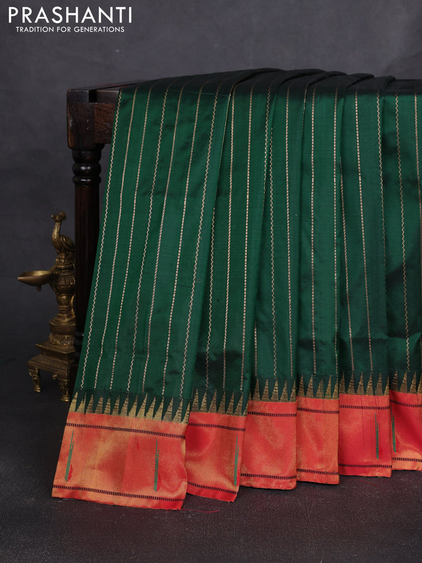 Pure paithani silk saree green and red with allover zari weaves and temple zari woven muniya butta border