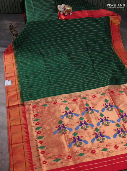 Pure paithani silk saree green and red with allover zari weaves and temple zari woven muniya butta border