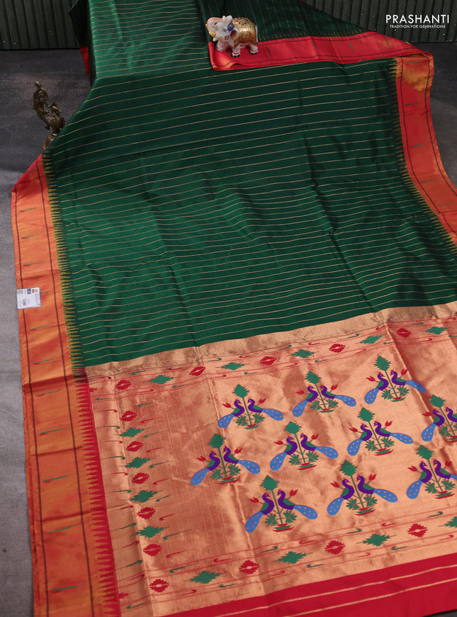 Pure paithani silk saree green and red with allover zari weaves and temple zari woven muniya butta border