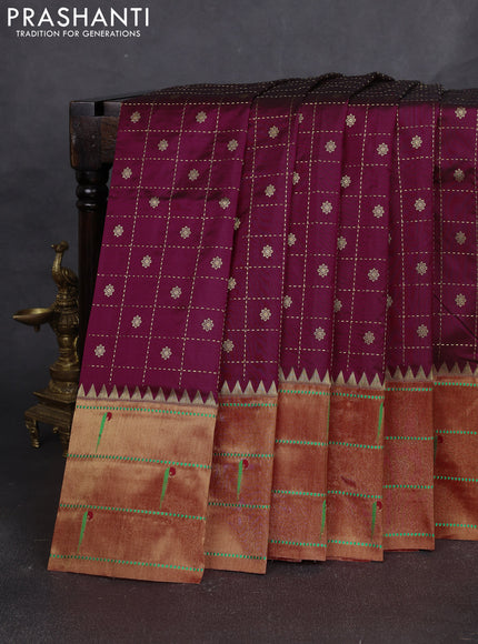 Pure paithani silk saree dark magenta pink and red with allover zari checks & buttas and long zari woven muniya butta border