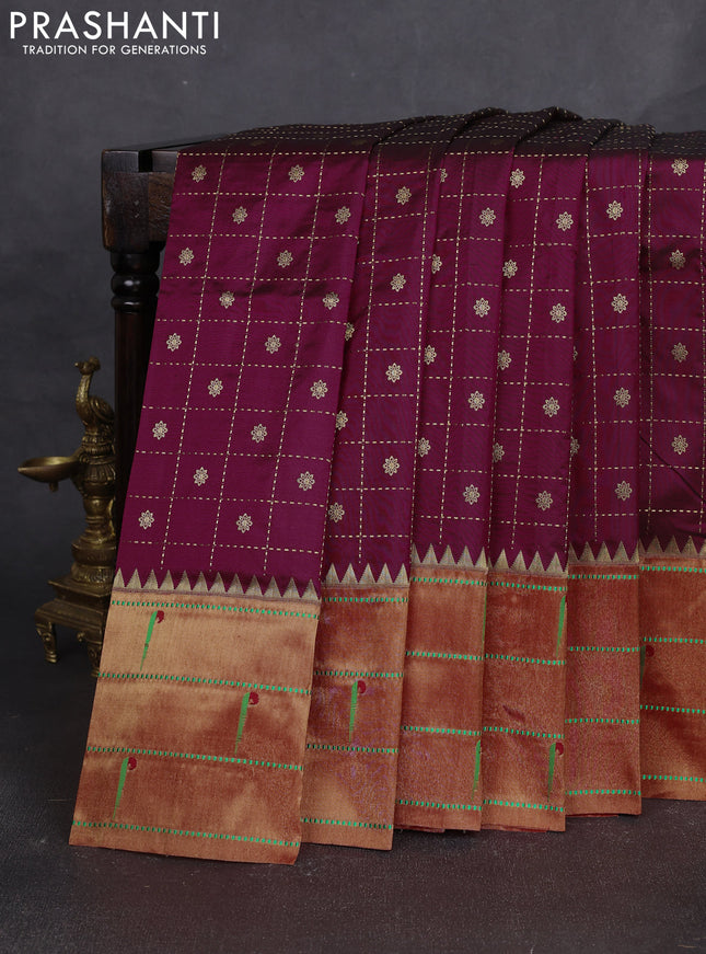Pure paithani silk saree dark magenta pink and red with allover zari checks & buttas and long zari woven muniya butta border
