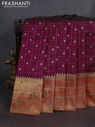 Pure paithani silk saree dark magenta pink and red with allover zari checks & buttas and long zari woven muniya butta border