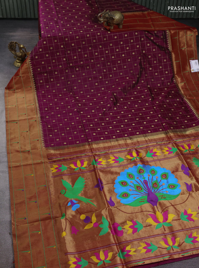 Pure paithani silk saree dark magenta pink and red with allover zari checks & buttas and long zari woven muniya butta border