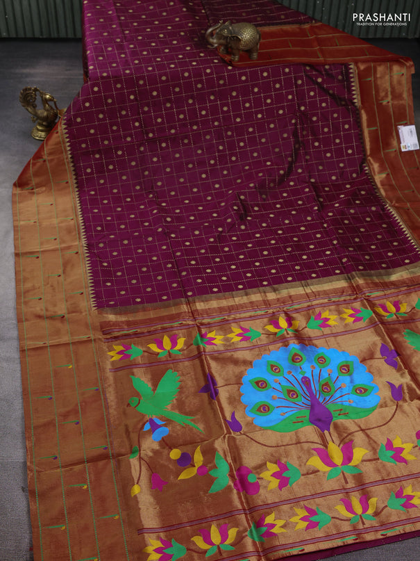 Pure paithani silk saree dark magenta pink and red with allover zari checks & buttas and long zari woven muniya butta border
