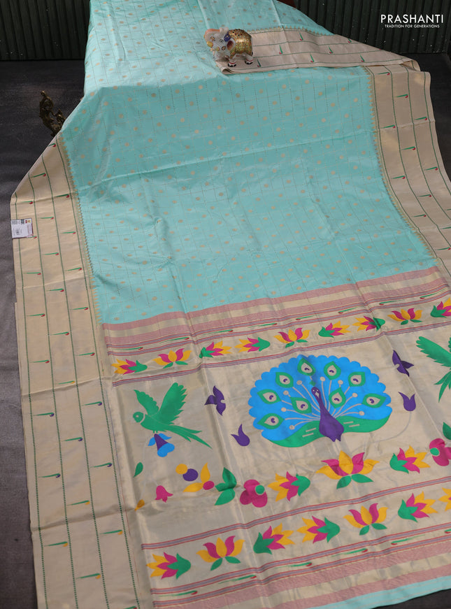 Pure paithani silk saree teal blue and cream with allover zari checks & buttas and long zari woven muniya butta border