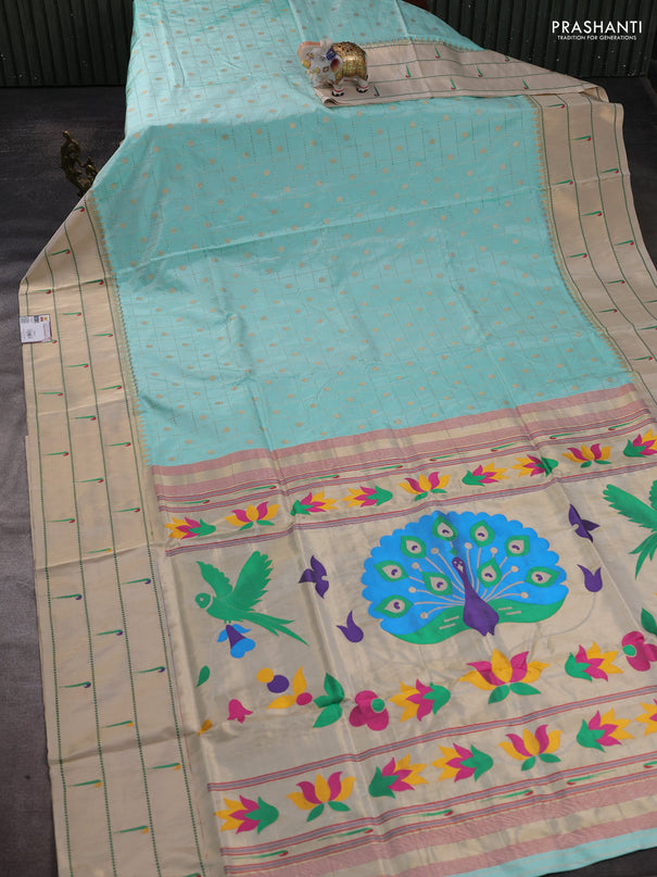Pure paithani silk saree teal blue and cream with allover zari checks & buttas and long zari woven muniya butta border