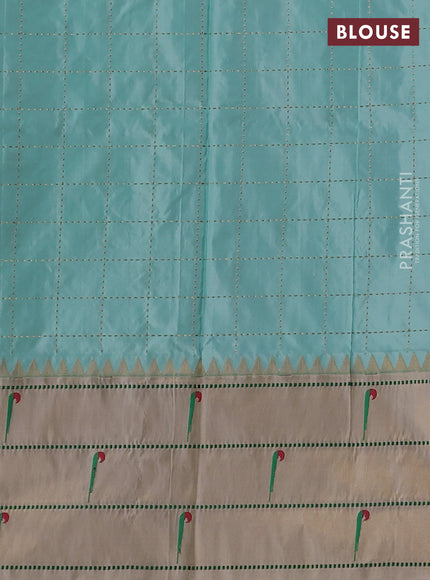 Pure paithani silk saree teal blue and cream with allover zari checks & buttas and long zari woven muniya butta border