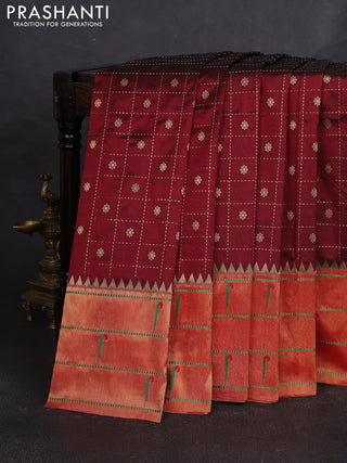 Pure paithani silk saree maroon and red with allover zari checks & buttas and long zari woven muniya butta border