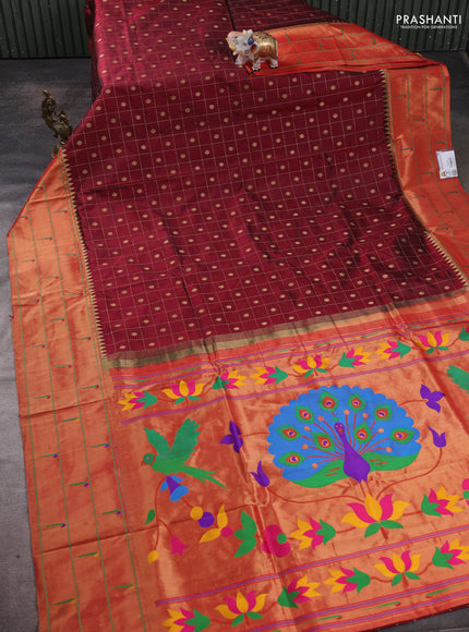 Pure paithani silk saree maroon and red with allover zari checks & buttas and long zari woven muniya butta border