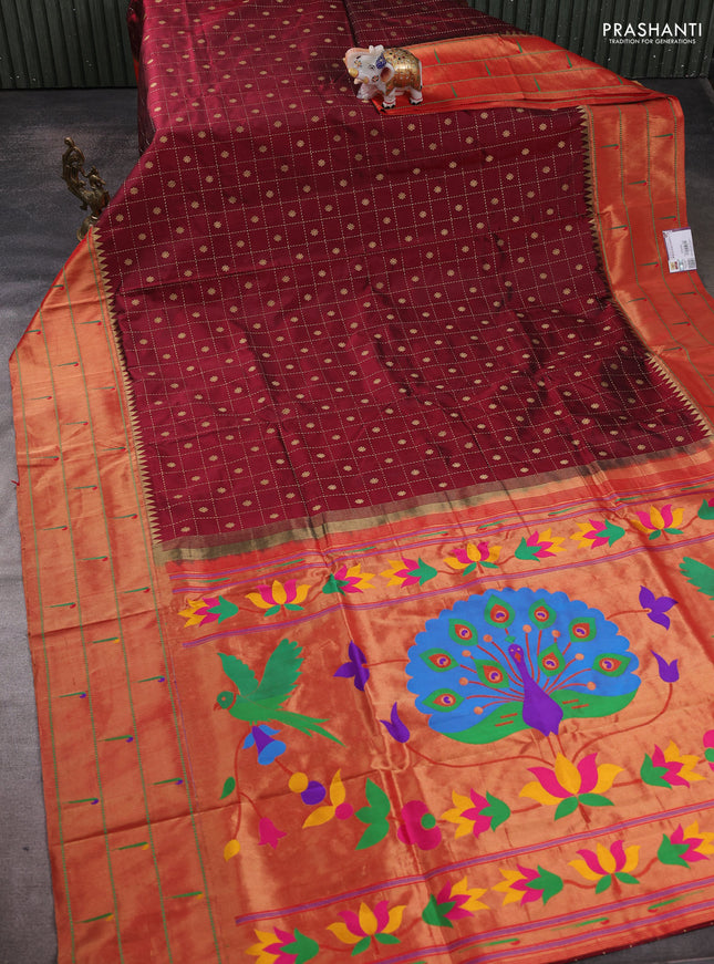 Pure paithani silk saree maroon and red with allover zari checks & buttas and long zari woven muniya butta border
